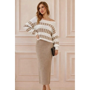 Kadın Uzun Kollu Kayık Yakalı Salaş Triko Bluz Ve Etek Ikili Takım