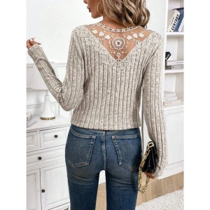 Kadın Uzun Kollu V Yakalı Arkadan Dantel Detaylı şardonlu Kaşkorse Bluz