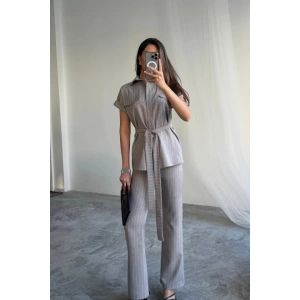 ÇİZGİLİ POLYVİSKON BLUZ - PANTOLON TAKIM - Gri