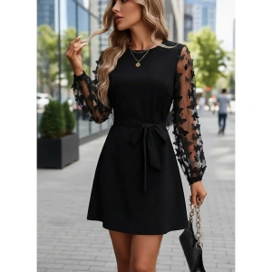 Kadın Uzun Kollu Bisiklet Yaka Kollar Tül Kelebek Detaylı Ithal Krep Elbise