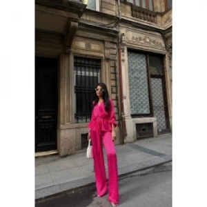 SATEN KRUVAZE BAĞLAMALI BLUZ- PANTOLON TAKIM - Fuşya