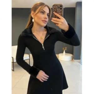 Kadın Uzun Kollu Kürk Yakalı Fermuarlı Kısa Viskon Iki Iplik Elbise