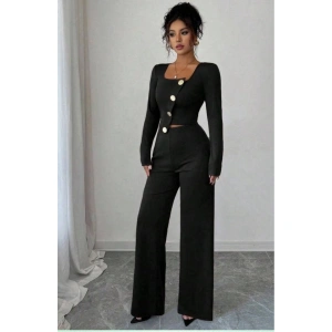 Kadın Uzun Kol Kare Yaka Asimetrik Düğme Detay Bluz Ve Yüksek Bel Pantolon Ikili Takım
