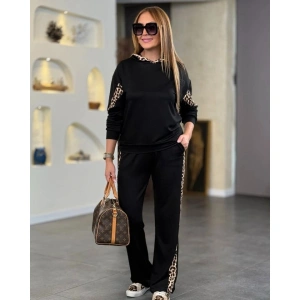 Kadın Kapüşonlu Leopar Detay Sweat Ve Yüksek Bel Yanları Leopar şeritli Bol Paça Pantolon Ikili Takım