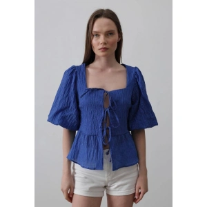 Kare Yaka Balon Kol Bluz - Mavi