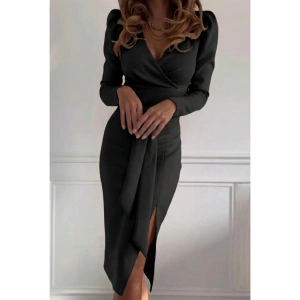 Kadın Uzun Kollu Kruvaze Yakalı Yandan Yırtmaçlı Belden Kuşaklı Midi Ithal Krep Elbise