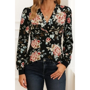 Kadın Uzun Kollu Kruvaze Yakalı Kelebek Desenli şardonlu Dalgıç Bluz