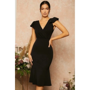 Kadın Kısa Kelebek Kollu Kruvaze Yaka Ithal Krep Midi Elbise