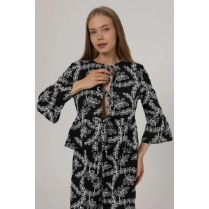 Fiyonk Bağlamalı Brode Bluz - Siyah