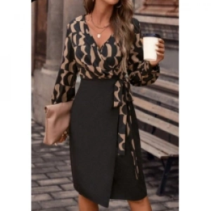 Kadın Uzun Kollu Kruvaze Yaka Dijital Baskılı Fiyonk Detay Atlas Kumaş Elbise