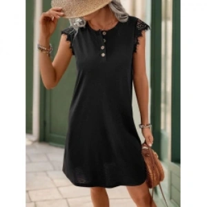 Kadın Kısa Dantel Kollu önden Düğmeli Viskon Elbise