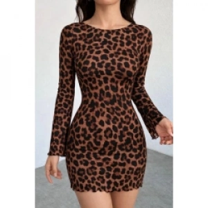 Kadın Uzun Kollu Bisiklet Yaka Leopar Desenli Dalgıç Mini Elbise