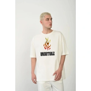 Unisex Bisiklet Yaka Baskılı Oversize T-Shirt - Beyaz