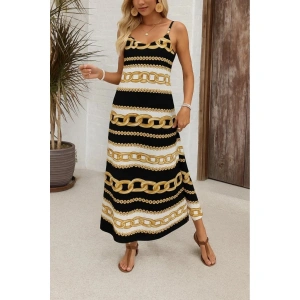 Kadın Ip Askılı Geniş V Yakalı Desenli Süprem Elbise