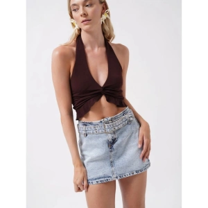 Kemer Detay Denim Mini Etek