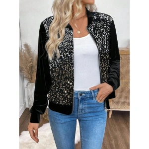 Kadın Uzun Kollu önü Açık Fermuarlı Pulpayetli Kadife Ceket