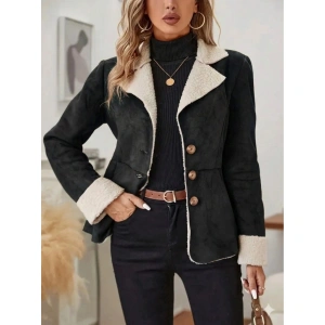 Kadın Uzun Kollu önden Düğmeli Cep Detaylı Kısa Süet Ceket