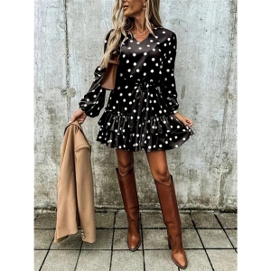 Kadın Uzun Kollu V Yakalı Belden Kuşaklı Puantiyeli Mini Modal Elbise