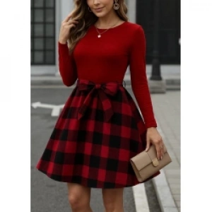 Kadın Uzun Kollu Bisiklet Yaka üst Viskon Alt Ekose Kısa Elbise