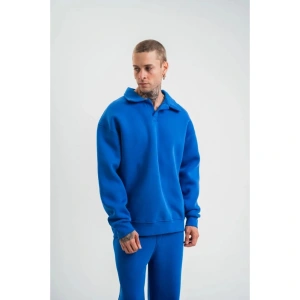 Erkek Patlı Yaka Üç İplik Pamuklu Sweatshirt Double Oversize Rahat Kalıp Günlük Kullanım - Mavi