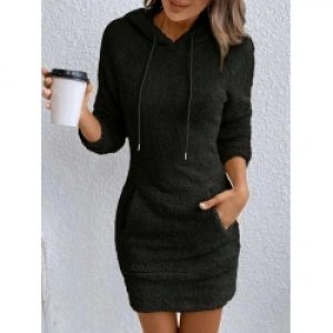 Kadın Uzun Kollu Kapşonlu Cepli Mini Peluş Elbise