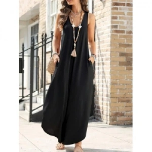 Kadın Askılı Yuvarlak Yaka Cepli Salaş Uzun Viskon Tulum