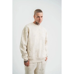 Erkek 3 İplik Pamuklu Yağ Yıkamalı Sweatshirt Double Oversize Bisiklet Yaka Uzun Kol - Krem