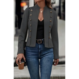 Kadın Uzun Kollu Hakim Yaka Yanlardan Düğmeli Kısa Süet Ceket