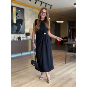 Kadın Sıfır Kollu Bisiklet Yaka Belden Büzgülü Yırtmaç Detaylı Janjan Krep Elbise