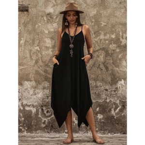 Kadın Askılı V Yakalı Cep Detaylı Asimetrik Kesim Detaylı Viskon Elbise