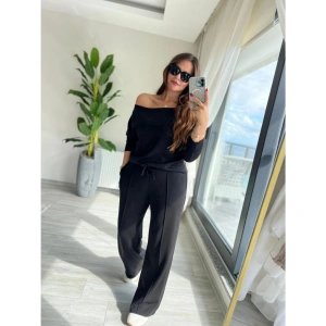 Kadın Uzun Kollu Tek Omuzdan Açık Modal Bluz Ve Pantolon Ikili Takım