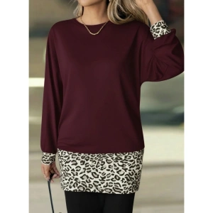 Kadın Uzun Kollu Bisiklet Yaka üst Viskon Iki Iplik Alt Leopar Desenli Mini Elbise