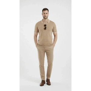 Erkek Triko Kumaş Yakalı Düğmesiz Açık Yaka Fitilli Kısa Kollu Regular Fit Tişört T-shirt - Bej