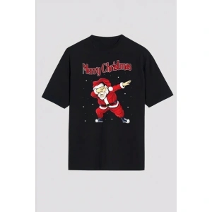 Merry Christmas Baskılı Noel Babalı T-shirt - Siyah