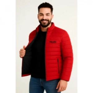 Erkek Mikro Su İtici Kapitone Baskılı Astarlı Fermuarlı Bomber Mont - Kırmızı