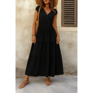 Kadın Kısa Kollu Kruvaze Yaka Beli Lastikli Süprem Maksi Boy Elbise