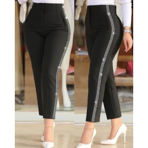 Kadın Yüksek Bel Yanlardan Taş Detaylı Ithal Krep Pantolon
