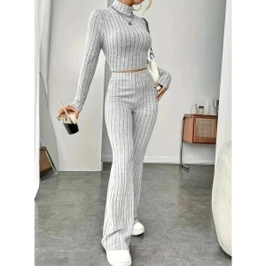 Kadın Uzun Kollu Balıkçı Yaka Krop Ve Pantolon şardonlu Kaşkorse Ikili Takım