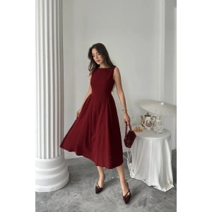 Pembe Yanları Büzgülü Midi Boy Keten Elbise