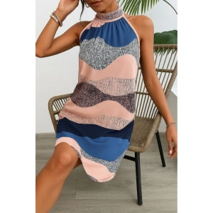 Kadın Kolsuz Boyundan Askılı Desenli Midi Süprem Elbise