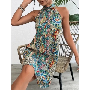 Kadın Sıfır Kol Boyundan Askılı Desenli Midi Süprem Elbise