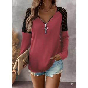 Kadın Uzun Kollu Yakadan Fermuarlı Viskon Bluz