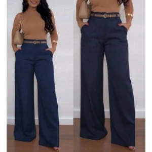 Kadın Yüksek Bel Geniş Paça Detaylı Cepli Ithal Krep Pantolon