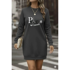 Kadın Uzun Kollu Bisiklet Yaka Yazılı Kısa Viskon Iki Iplik Elbise