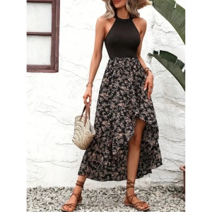 Kadın Reglan Kol Daire Yaka üst Viskon Alt Süprem Desenli Midi Elbise