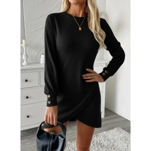 Kadın Uzun Kollu Bisiklet Yaka önden Asimetrik Kesim Detaylı Mini Yumoş Elbise