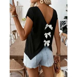 Kadın Kısa Kollu V Yakalı Arkadan Kurdele Detaylı Viskon Bluz