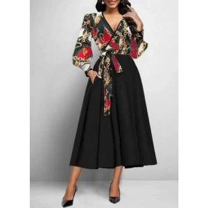 Kadın Uzun Kollu Kruvaze Yaka Dalgıç Krep Midi Boy Elbise