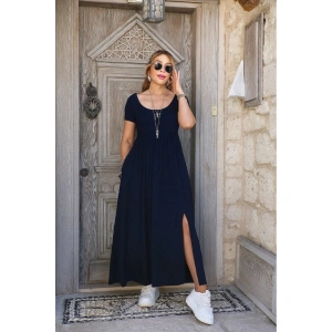 Kadın Kısa Kollu Yuvarlak Yaka önden Yırtmaçlı Cepli Viskon Uzun Elbise