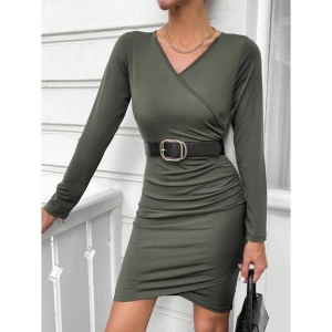 Kadın Uzun Kollu Kruvaze Yaka önden Pileli Sandy Kumaş Elbise (kemer Dahil Değil)